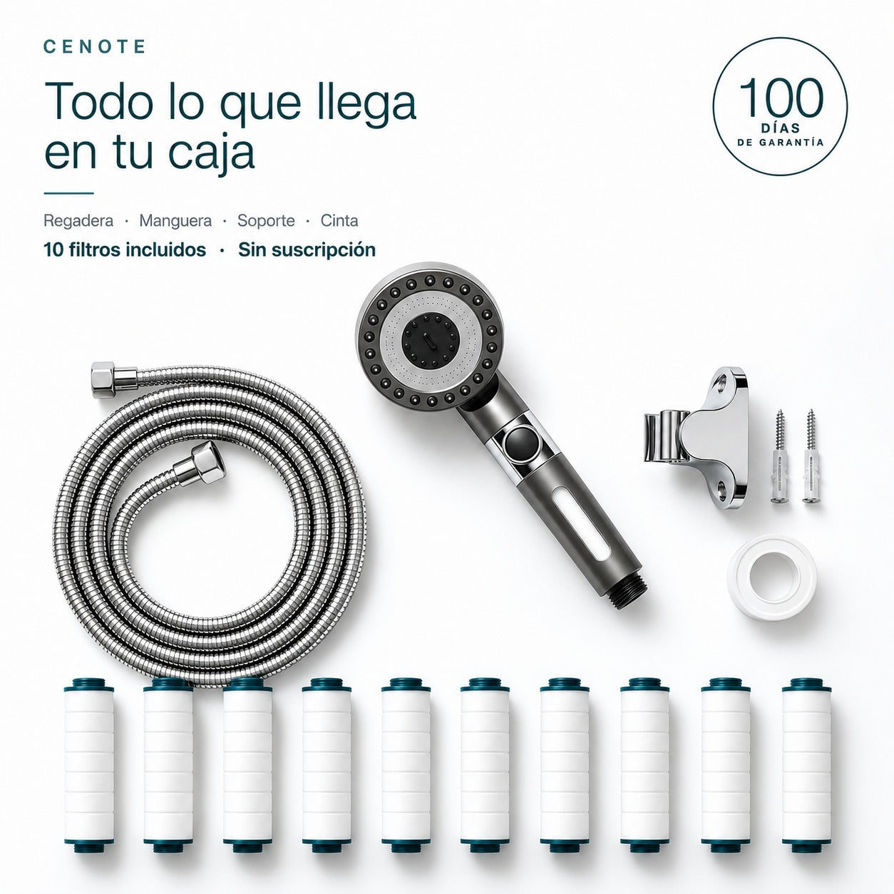 Todo lo que incluye la caja: regadera, manguera, soporte, cinta y 10 filtros