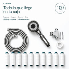 Todo lo que incluye la caja: regadera, manguera, soporte, cinta y 10 filtros