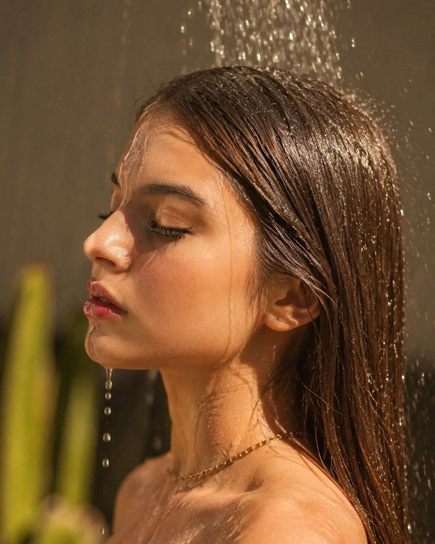 Mujer enjuagándose el cabello en la regadera